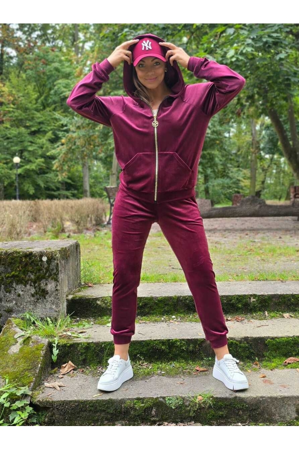 Welurowy komplet dresowy rozpinany z kapturem bordo